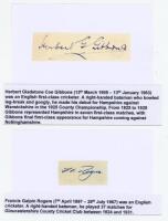 Cricket signatures. Two rarer individual signatures in ink on piece, each individually laid to white card. Signatures are Herbert Gladstone Coe Gibbons (Hampshire 1925-1928, 7 matches), and Francis Galpin Rogers (Gloucesetershire 1924-1931, 26 matches). V