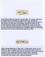 Kent C.C.C. Two nice individual signatures of Kent players signed to pieces, each laid to white card. Signatures include the rarer Harold Edward Westray Prest (Cambridge University &amp; Kent 1909-1922, 19 matches), and Edwin George Witherden (Kent 1951-1
