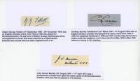 Northamptonshire C.C.C. Three nice individual signatures of Northamptonshire players signed to pieces, each laid to white card. Signatures include the rarer Gilbert George Tebbitt (Northamptonshire 1934-1938, 11 matches), also Geoffrey Bourke Cuthbertson 