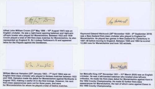 Warwickshire C.C.C. Four nice individual signatures of Warwickshire players signed to pieces, each laid to white card. Signatures include the rarer William Marcus Hampton (Warwickshire &amp; Worcestershire 1922-1926, 13 matches), Alfred John William Croom