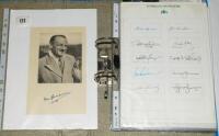Australian cricket signatures 1940s-1990s. Blue file comprising mainly magazine and press cuttings with the odd press photograph, autograph sheets and cards. The majority signed with approx. ninety signatures including a frontispiece image of Don Bradman 