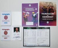 Somerset C.C.C. Box comprising a selection of modern autograph albums, ties, programmes and books. Contents include three Somerset C.C.C. autograph books, each page with individual colour player portrait, for seasons 2016 (27 signatures), 2017 (21) and 20