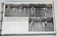 Test and County signed cricket ephemera 1929-1985. Large black file comprising a nicely presented and extensive selection of magazine cuttings, benefit leaflets, menu, letters, scorecards, the majority signed. Earlier signatures include W. Place, G. Overt