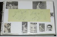 Test and County signed cricket ephemera 1986-2018. Large black file comprising a nicely presented and extensive selection of magazine cuttings, scorecards, tour posters, prints, player photographs, the majority signed. Individual signatures include Embure