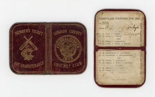 Kumar Shri Ranjitsinhji. Cambridge University, Sussex, London County &amp; England 1893-1920. Rare original London County Cricket Club, Crystal Palace, 1903 membership and fixture card no. 591. The small folding card with maroon leather covers and gilt ti