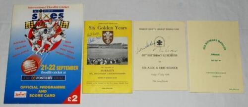 Surrey C.C.C. 'Six Golden Years. The souvenir of Surrey's six successive championships', edited by Gordon Ross for the Eric Bedser Benefit Fund 1957. Signed to the front wrapper by Gordon Ross, to the player profile page by Ken Barrington, and also by Ant