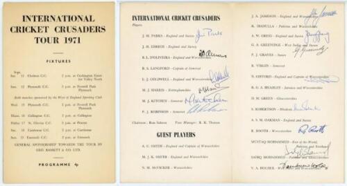 International Cricket Crusaders Tour 1971. Official folding fixture card for the tour to the West Country. The front cover lists the fixtures for matches played 11th- 19th September 1971. Centre pages list the eight International Crusaders players, and ei