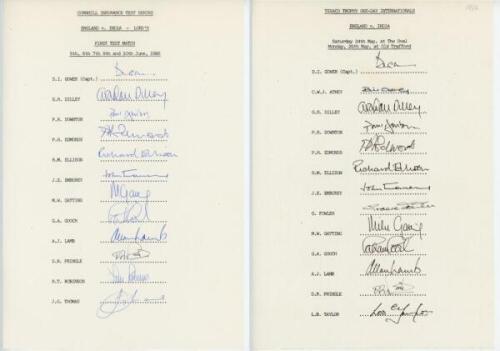 England v India 1986. Official autograph sheet for the Lord's Test match and official sheet for the One Day International series. Both fully signed. Twenty five signatures including Gower, Ellison, Gatting, Gooch, Lamb, Thomas, Fowler etc. VG - cricket