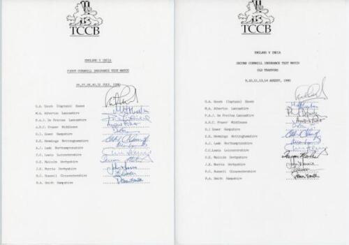 England v India 1990. Three official autograph sheets for the Lord's, Old Trafford and the Oval Test matches of 1990. Plus official autograph sheet for the One Day International series. All fully signed. Qty 4. VG - cricket