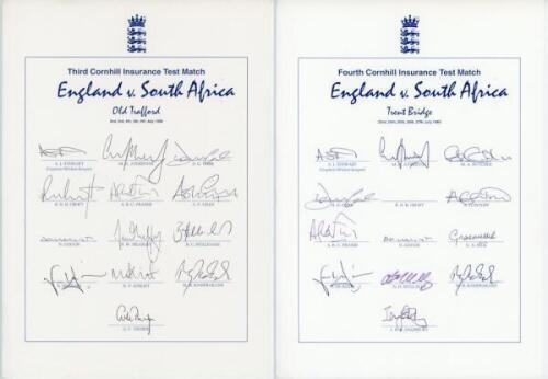 England v South Africa 1998. Three official England autograph sheets for the 3rd, 4th and 5th (Old Trafford, Trent Bridge and Headingley) Test matches of 1998. Two fully signed, the Trent Bridge sheet lacking the signature of Croft. Qty 3. VG - cricket