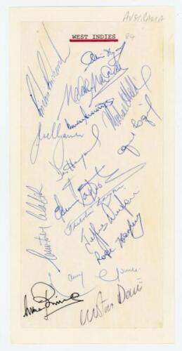West Indies tour of Australia 1984. Card signed in ink by sixteen members of the touring team including Lloyd, Marshall, Greenidge, Walsh, Logie, Garner, Richardson etc. Card laid down. G - cricket