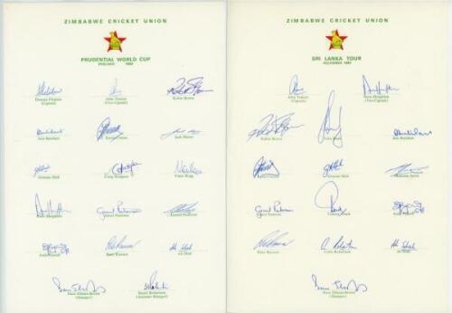 Zimbabwe 1983-1986. Four official autograph sheets for the World Cup in England 1983, tour of Sri Lanka 1983, tour of England 1985 and ICC Trophy 1986. All fully signed. Signatures include Fletcher, Traicos, Butchart, K. Curran, Hick, Hogg, Houghton, Pycr