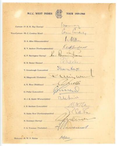 M.C.C. tour to West Indies 1959/60. Official autograph sheet fully signed in ink by all fifteen members of the M.C.C. touring party. Signatures include May (Captain), Cowdrey, Allen, Barrington, Dexter, Illingworth, Pullar, Smith, Statham, Subba Row, Swet