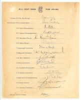 M.C.C. tour to West Indies 1959/60. Official autograph sheet fully signed in ink by all fifteen members of the M.C.C. touring party. Signatures include May (Captain), Cowdrey, Allen, Barrington, Dexter, Illingworth, Pullar, Smith, Statham, Subba Row, Swet