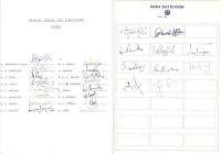 India tour sheets 1996-2004. Unofficial autograph sheet for the India tour to England 1996, fully signed by the sixteen listed players including Azharuddin, Tendulkar, Mongia, Jadeja, Manjrekar, Dravid, Ganguly, Kumble etc. Also a sheet with printed title