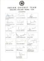 India tour to England and Holland 1996. Official autograph sheet for the India tour fully signed by the nineteen listed members of the touring party. Signatures include Azharuddin (Captain), Tendulkar, Manjrekar, Raju, Mongia, Ganguly, Srinath, Hirwani, J
