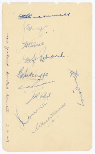 New Zealand tour to England 1949. Album page nicely signed in ink by ten members of the New Zealand touring party. Signatures are Cresswell, Hayes, Cave, Rabone, Sutcliffe, Hadlee, Reid, Cowie, Wallace and Mooney. Slight smudging to the signature of Cress