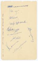 New Zealand tour to England 1949. Album page nicely signed in ink by ten members of the New Zealand touring party. Signatures are Cresswell, Hayes, Cave, Rabone, Sutcliffe, Hadlee, Reid, Cowie, Wallace and Mooney. Slight smudging to the signature of Cress