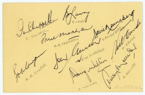Australia tour to England 1968. Double album page nicely and fully signed by all seventeen members of the Australian touring party. Signatures are Chappell (Captain), Lawry, Sheahan, Cowper, Renneberg, Gleeson, Walters, Hawke, Mallett, Taber, Jarman, Inve