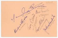West Indies tour to England 1969. Double album page nicely and fully signed by all sixteen members of the West Indies touring party. Signatures are Sobers (Captain), Gibbs, Findlay, Carew, Camacho, Shillingford, Hendriks, Butcher, Roberts, Fredericks, Llo