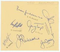 New Zealand World Cup team to England 1979. Double album page (split) nicely signed by fourteen members of the New Zealand touring party. Signatures include Burgess (Captain), Chatfield, Troup, Coney, Howarth, Stott, Cairns, Wright, Hadlee, Lees etc. Sol