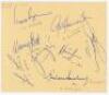 New Zealand World Cup team to England 1979. Double album page (split) nicely signed by fourteen members of the New Zealand touring party. Signatures include Burgess (Captain), Chatfield, Troup, Coney, Howarth, Stott, Cairns, Wright, Hadlee, Lees etc. Sol - 2