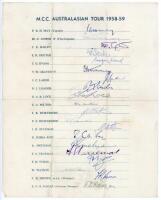 'M.C.C. Australasian Tour 1958-59'. Official autograph sheet fully signed by all twenty listed members of the touring party. Players' signatures include May (Captain), Cowdrey, Bailey, Dexter, Evans, Graveney, Laker, Lock, Milton, Richardson, Statham, Swe