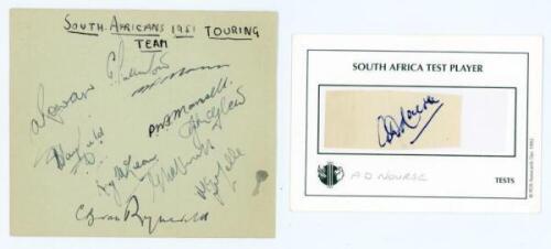 South Africa tour to England 1951. Album page nicely signed in black ink by ten members of the South African touring party. Signatures are Fullerton, Mann, A. Rowan, Tayfield, Mansell, McGlew, McLean, Chubb, Melle and van Rynefeld, with the signature of B