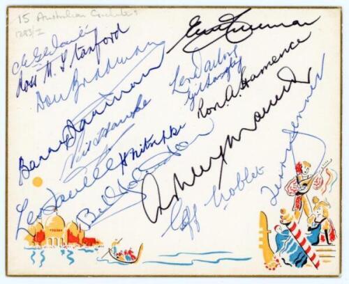 Australia cricketers 1930s-1980s. Decorative card signed in ink by fifteen Australian cricketers. Signatures include Don Bradman, Barry Jarman, Neil Hawke, Les Flavell, Jack Nitschke, Ross Standford, , Bill Johnston, Eric Freeman, Len Darling, Gil Langle