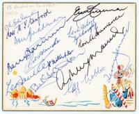 Australia cricketers 1930s-1980s. Decorative card signed in ink by fifteen Australian cricketers. Signatures include Don Bradman, Barry Jarman, Neil Hawke, Les Flavell, Jack Nitschke, Ross Standford, , Bill Johnston, Eric Freeman, Len Darling, Gil Langle