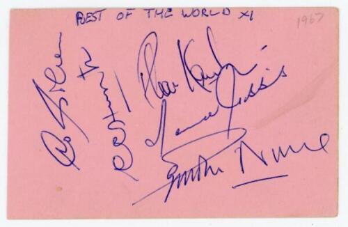 Rest of the World XI 1967. Album page signed in blue ink by five members of the Rest of the World v Sussex, Hove, 30th August- 1st September 1967. Signatures are Garry Sobers, Conrad Hunte, Rohan Kanhai, Lance Gibbs and Seymour Nurse. VG - cricket