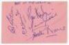 Rest of the World XI 1967. Album page signed in blue ink by five members of the Rest of the World v Sussex, Hove, 30th August- 1st September 1967. Signatures are Garry Sobers, Conrad Hunte, Rohan Kanhai, Lance Gibbs and Seymour Nurse. VG - cricket