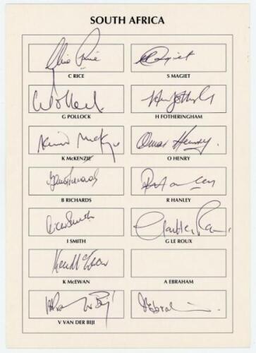 World Masters Cricket Cup, India March 1995. Autograph card with printed title and signature boxes with players' names for the South African team who took part in the competition. Thirteen signatures including Rice (Captain), G. Pollock, McKenzie, Richard