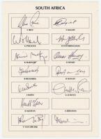 World Masters Cricket Cup, India March 1995. Autograph card with printed title and signature boxes with players' names for the South African team who took part in the competition. Thirteen signatures including Rice (Captain), G. Pollock, McKenzie, Richard