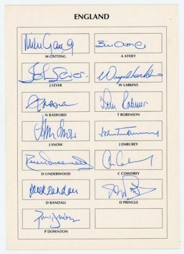 World Masters Cricket Cup, India March 1995. Autograph card with printed title and signature boxes with players' names for the England team who took part in the competition. Thirteen signatures including Gatting (Captain), Athey, Lever, Larkins, Radford, 