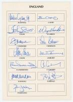 World Masters Cricket Cup, India March 1995. Autograph card with printed title and signature boxes with players' names for the England team who took part in the competition. Thirteen signatures including Gatting (Captain), Athey, Lever, Larkins, Radford, 