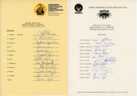 Queensland 1984-1990. Six official autograph sheets for Queensland teams for home and away matches of the period, all fully signed. Signatures include Thomson, G. Chappell, Hohns, Trimble, Barsby, McDermott, Henschell, Rackemann, Ritchie, Border, Hick, Ta