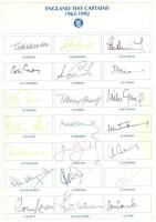 'England Test Captains 1962-1992'. Card with printed title and named signature boxes, fully signed by the twenty one listed England test captains. Signatures are Dexter, Colin Cowdrey, Smith, Close, Graveney, Illingworth, Lewis, Denness, Edrich, Greig, Br