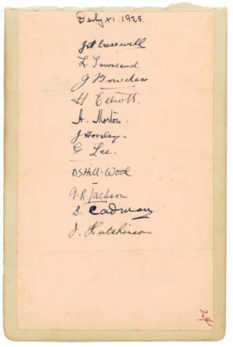 Derbyshire C.C.C. 1925. Large album page laid down to slightly larger album page, nicely signed in ink by eleven members of the 1925 Derbyshire team. Signatures are Cresswell, Townsend, Bowden, Elliott, Morton, Horsley, Lee, Hill-Wood, Jackson, Cadman and