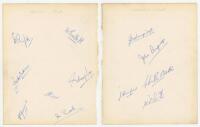 Sussex C.C.C. 1949. Two large album pages nicely signed in blue ink by twelve members of the 1949 Sussex team. Signatures are Bartlett (Captain), Griffith, J. Oakes, James, Wood, Cox, Suttle, James Langridge, John Langridge, C. Oakes, Cornford and Smith. 