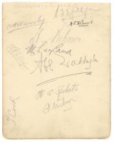 Sussex and Yorkshire 1924. Large album page signed in pencil by six Sussex and four Yorkshire players. Sussex signatures are A.E.R. Gilligan, A.H.H. Gilligan, A.J. Holmes, A.F. Wensley, H.E. Roberts, and T.E.R. Cook. Yorkshire signatures are R. Kilner, M.