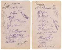 Hampshire and Nottinghamshire C.C.C. 1926. Album page signed in different coloured pencil (one in ink) to one side by sixteen Hampshire players, and to the verso by thirteen Nottinghamshire players. Hampshire signatures include Tennyson, Kennedy, Mead, Bo