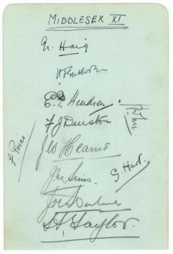 Middlesex C.C.C. 1933. Album page nicely signed in ink and pencil by eleven members of the 1933 Middlesex team. Two signatures in ink are Haig (Captain) and Enthoven, others in pencil are Hendren, Durston, Hearne, Sims, Hulme, Price, Lee, Hart, and the ra