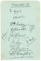 Middlesex C.C.C. 1933. Album page nicely signed in ink and pencil by eleven members of the 1933 Middlesex team. Two signatures in ink are Haig (Captain) and Enthoven, others in pencil are Hendren, Durston, Hearne, Sims, Hulme, Price, Lee, Hart, and the ra