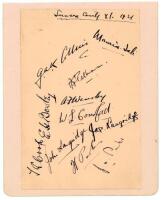 Sussex C.C.C. 1931. Album page very nicely signed in black ink by eleven members of the 1931 Sussex team. Signatures are Tate, Collins, Wensley, W.L. Cornford, John Langridge, James Langridge, H.W. Parks, J.H. Parks, Cook, Bowley, and the rarer A.G. Pelha