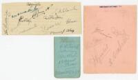 Northamptonshire C.C.C. 1924-1946. Two album pages and one other page scrap of varying sizes comprising signatures in ink and pencil of twenty four Northamptonshire players of the period. Signatures in ink include Jupp, Bellamy, Matthews, Thomas, Childs-C