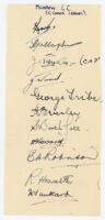 'Milnrow C.C. (C. Lancs League)' 1946. Album page fragment very nicely signed in ink by eleven players. Notable signatures include George Tribe (Australia), R. Howarth, E. Robinson, J. Taylor etc. VG - cricket