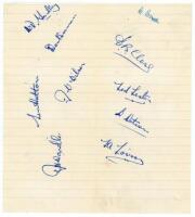 Yorkshire C.C.C. 1948. Ruled page signed in blue ink by ten members of the Yorkshire team. Signatures are Yardley, Bowes, Brennan, Close, Hutton, Wilson, Lester, Watson, Wardle and Lowson. Folds, otherwise in good condition - cricket