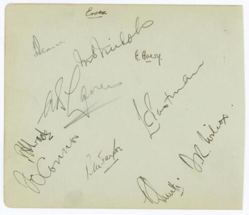 Essex C.C.C. c.1935. Album page nicely signed in ink by ten Essex players. Signatures include Pearce (Captain), Nichols, Avery, Wade, O'Connor, Taylor, Eastman, Wilcox, Smith etc. G/VG - cricket