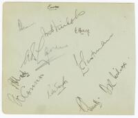 Essex C.C.C. c.1935. Album page nicely signed in ink by ten Essex players. Signatures include Pearce (Captain), Nichols, Avery, Wade, O'Connor, Taylor, Eastman, Wilcox, Smith etc. G/VG - cricket